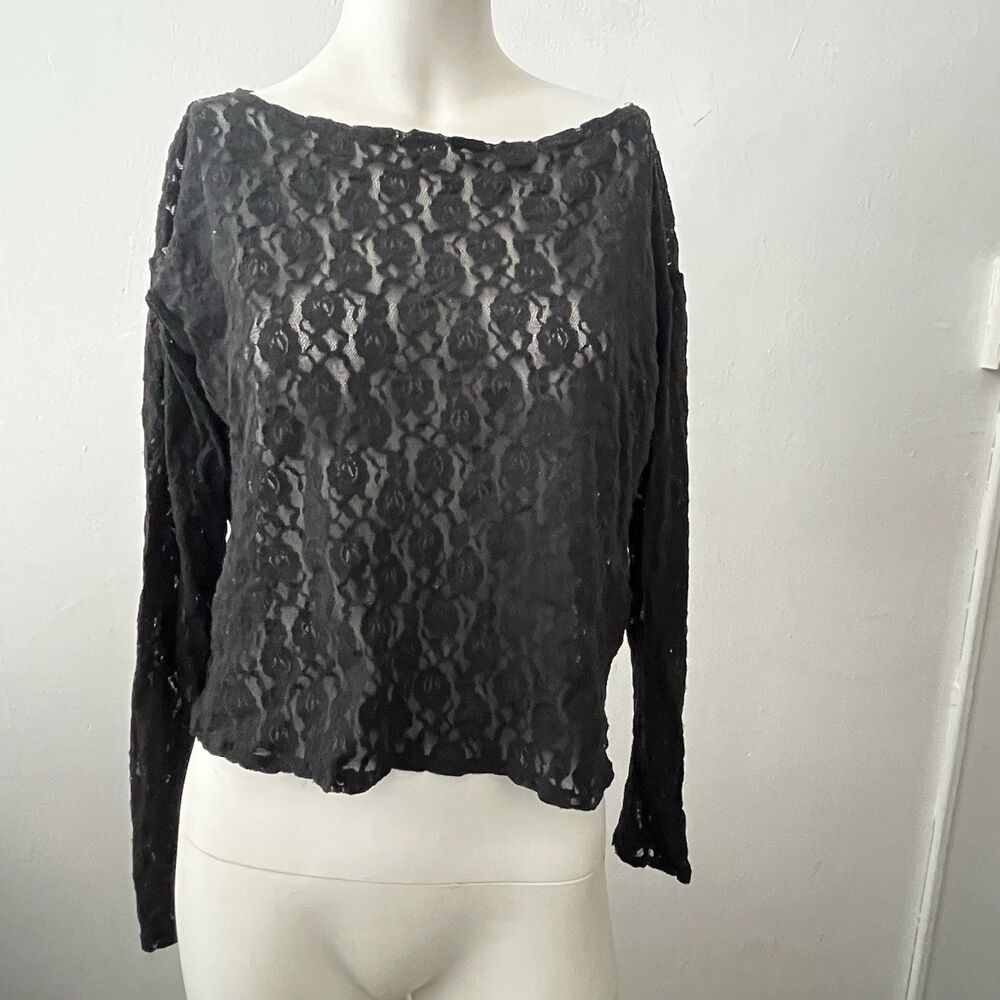 Womens Dark Romantic Sheer Lace Top L Black Long Sleeve Grunge Witchy Goth Punk